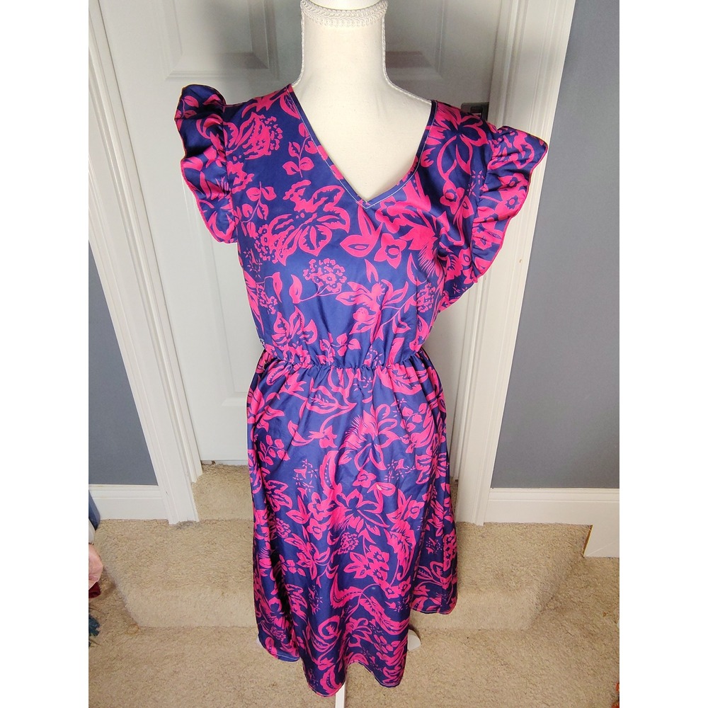Pink and Purple Floral V-Neck Midi Dress with Ruffle Flutter Sleeves Size S